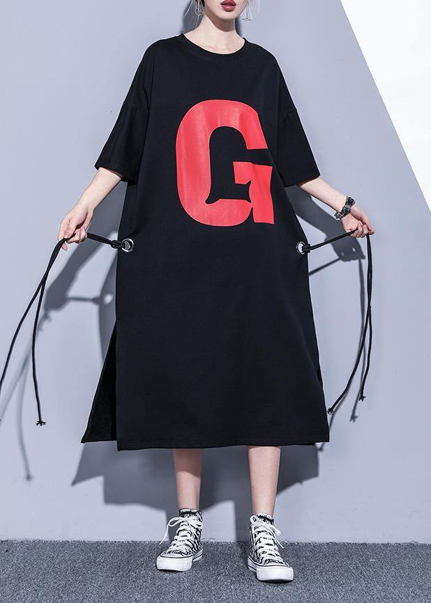 Graphic Letter Oversized Crew Neck Short Sleeve Side Slit Drawstring Midi Dress