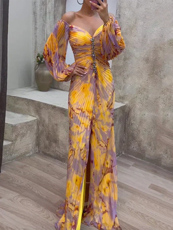 Floral Chiffon Off Shoulder Bishop Sleeve Pleated Maxi Gown