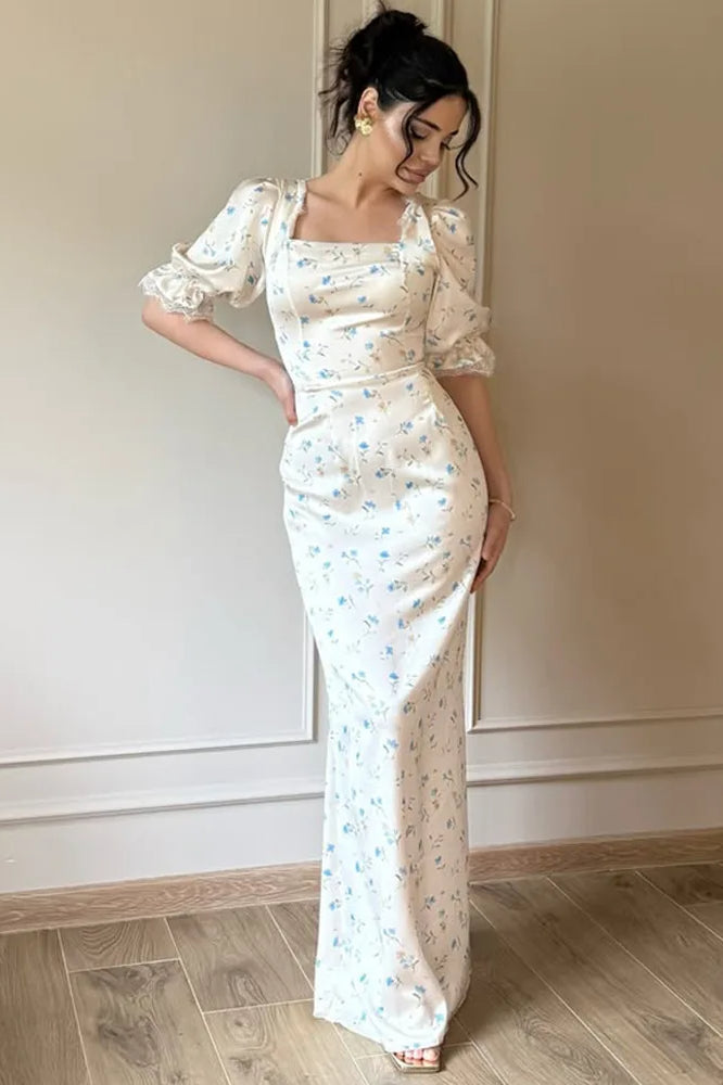 Satin Puff Sleeve Floral Dress in Blue - View 5