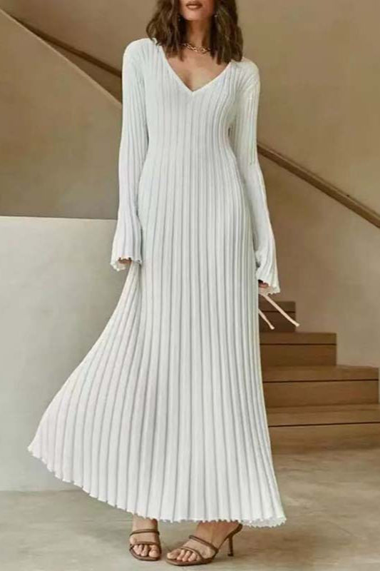Flare Sleeve V-Neck Sweater Dress S / White
