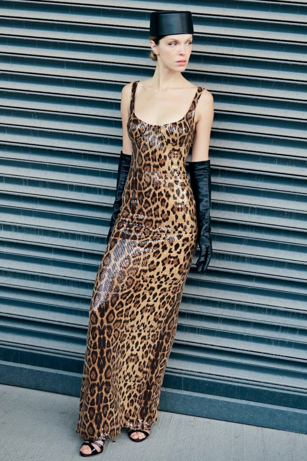 Leopard Sequin Sheer Cape Cut Out Mermaid Maxi Gown
