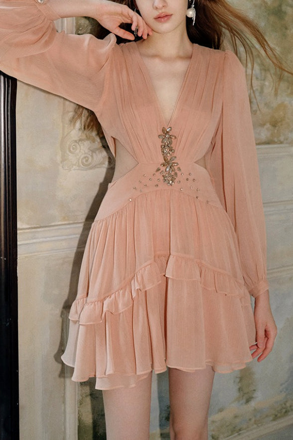 Elegant Deep V Cut Out Waist Rhinestone Chiffon Mini Dress - View 3