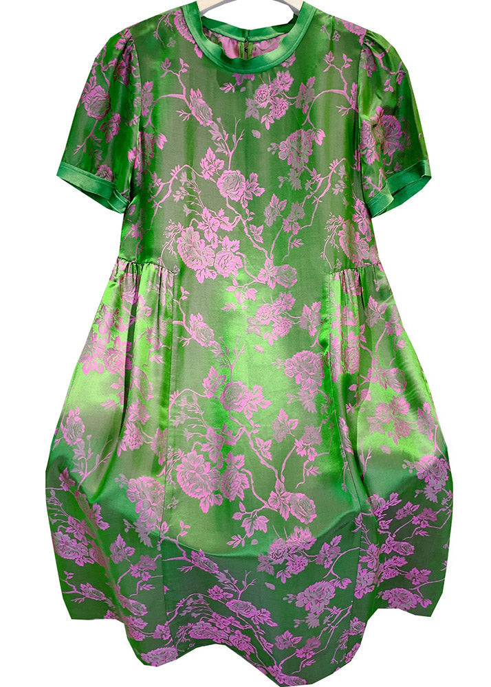 Floral Jacquard Round Neck Short Sleeve Pleated Waist Midi Dress