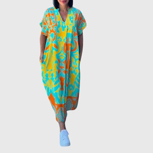 Damask Print V-Neck Short Sleeve Loose Midi Dress