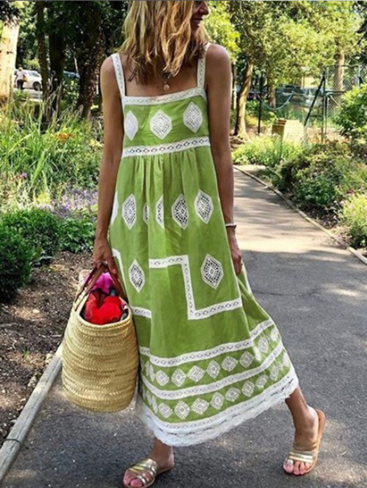 Rose Red Square Neck Boho Print Tank Maxi Dress