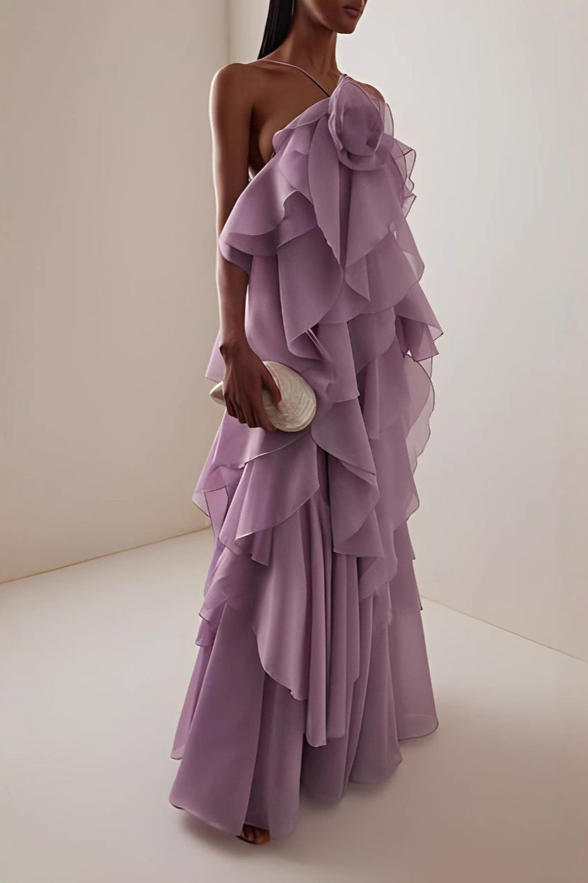 3D Floral Halter Neck Tiered Ruffle Maxi Gown
