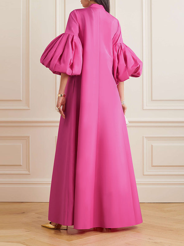 Loose Flower Shape Solid Color Stand Collar Lantern Sleeves Maxi Dresses - Omychic