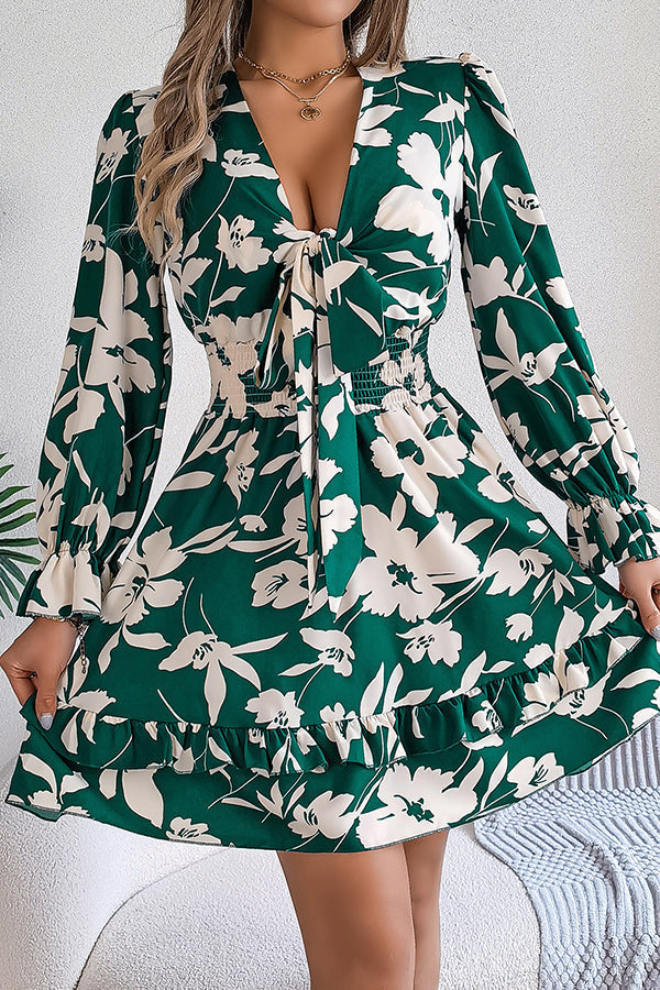 Floral Print V-Neck Tie Front Long Sleeve Ruffle Hem Mini Dress