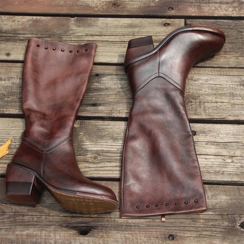 Handmade Leather Knee High Boots  Block Heel Biker Boots Retro Rivet
