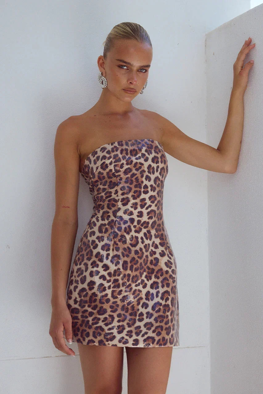 Leopard Print Sequin Strapless Bodycon Mini Dress 5
