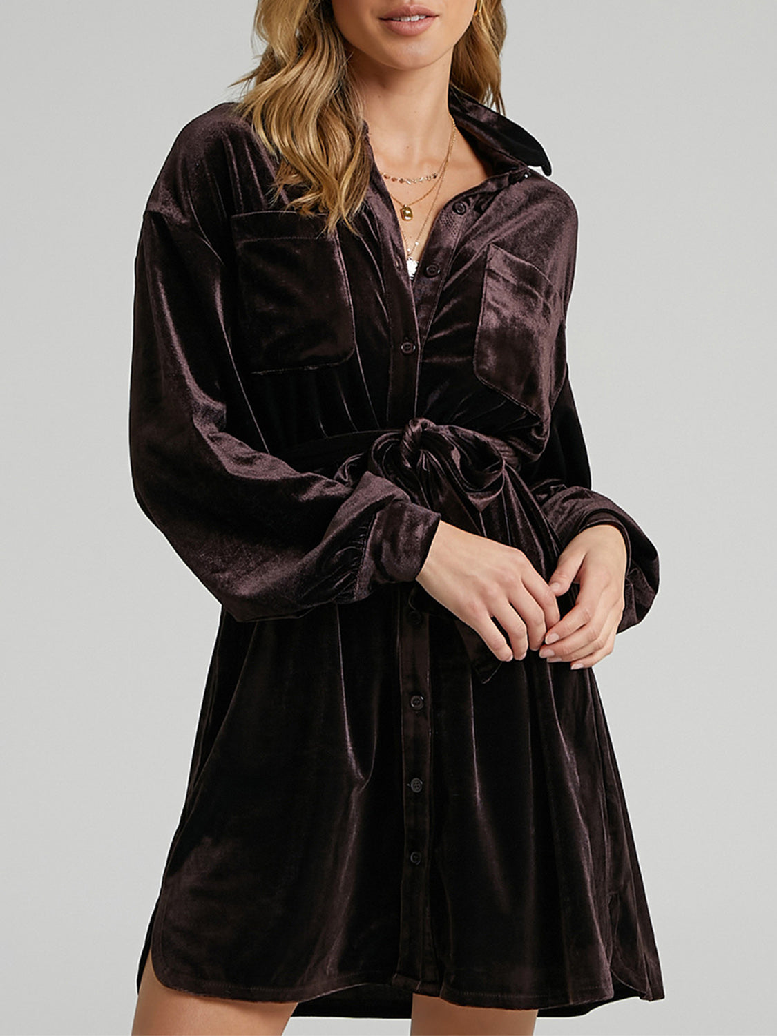 Collared Neck Button Down Long Sleeve Mini Dress Dark Brown
