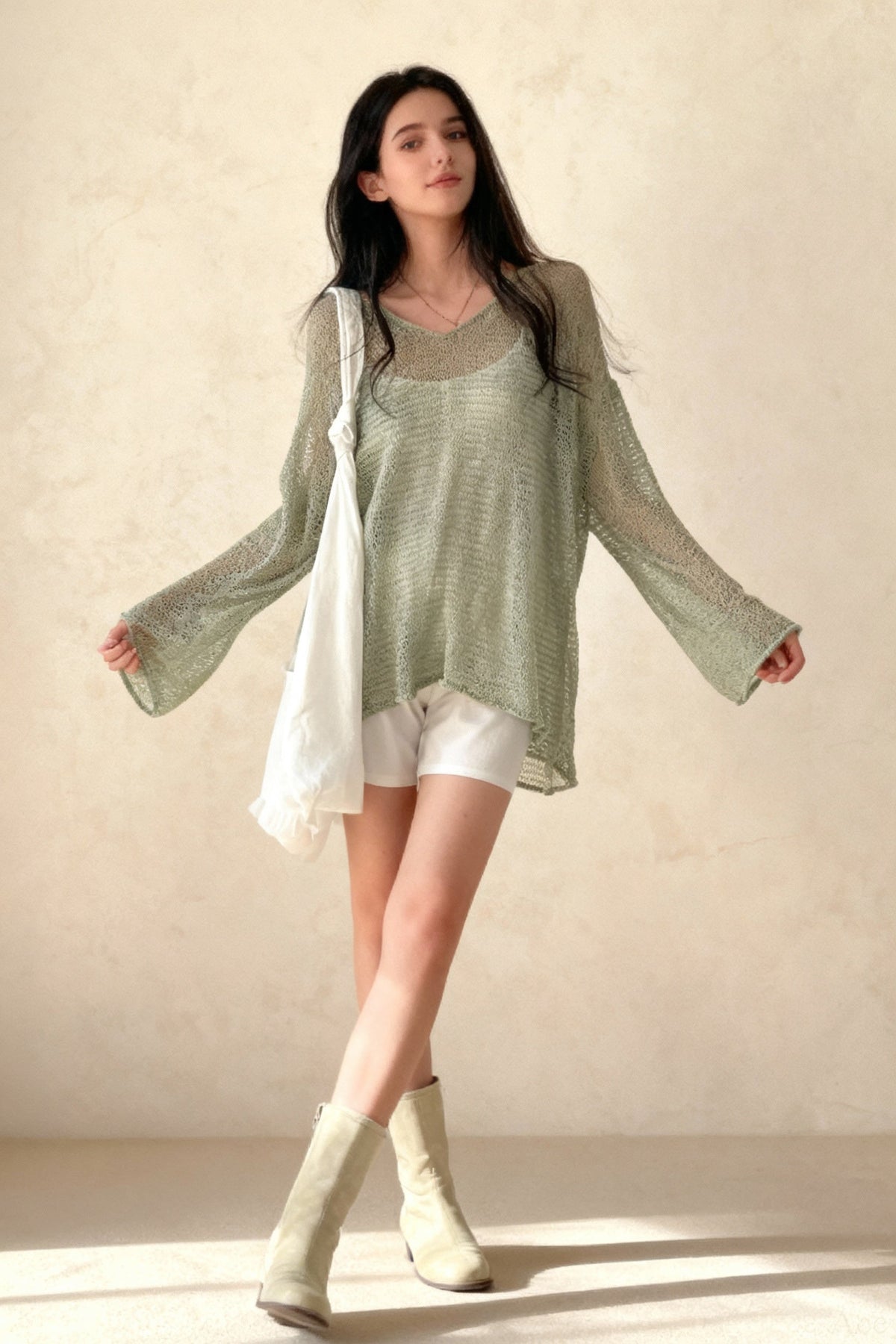 Sheer Open Knit Round Neck Long Sleeve Oversized Sweater 3