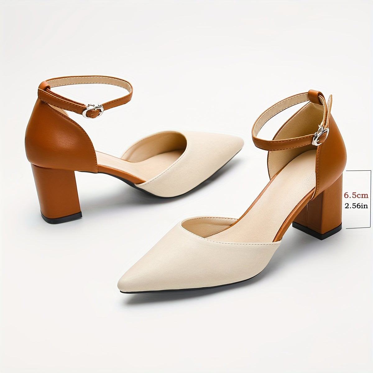 Pointed Toe Ankle Strap Block Heel Pumps