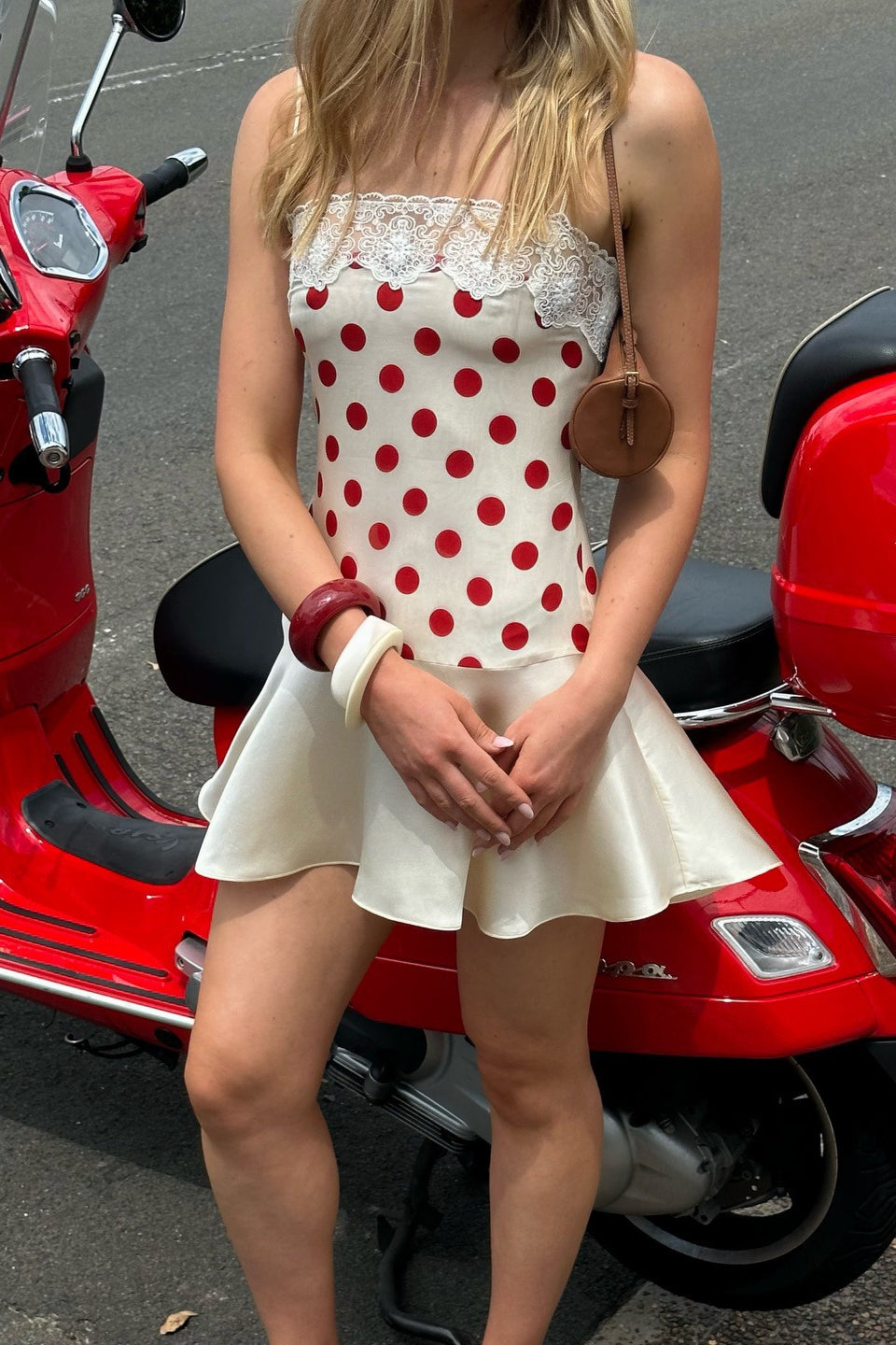 Elegant Satin Polka Dot Lace Mini Dress - View 4