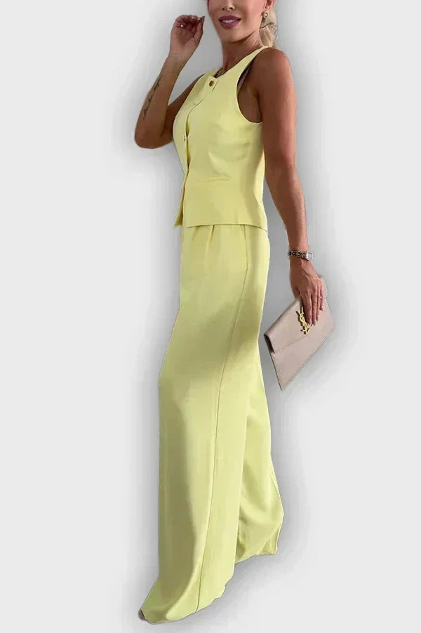 Sleeveless Button Vest and Wide Leg Pants Two Piece Set