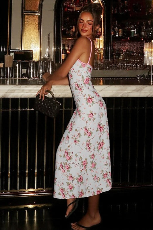Floral Spaghetti Strap Lace Trim Sweetheart Slip Maxi Dress