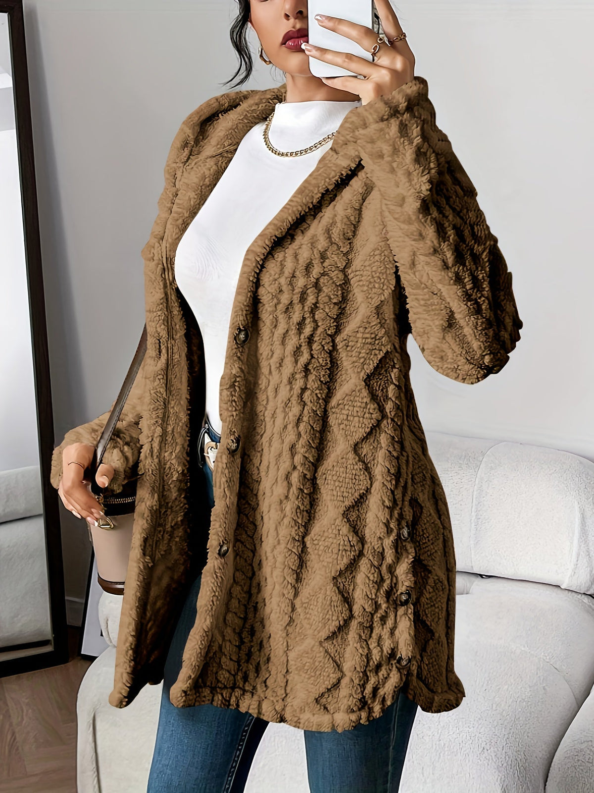 Textured Fleece Hooded Button Front Cardigan Coat