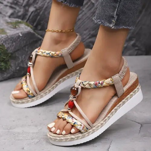 Beaded Braided Strap Espadrille Wedge Sandals