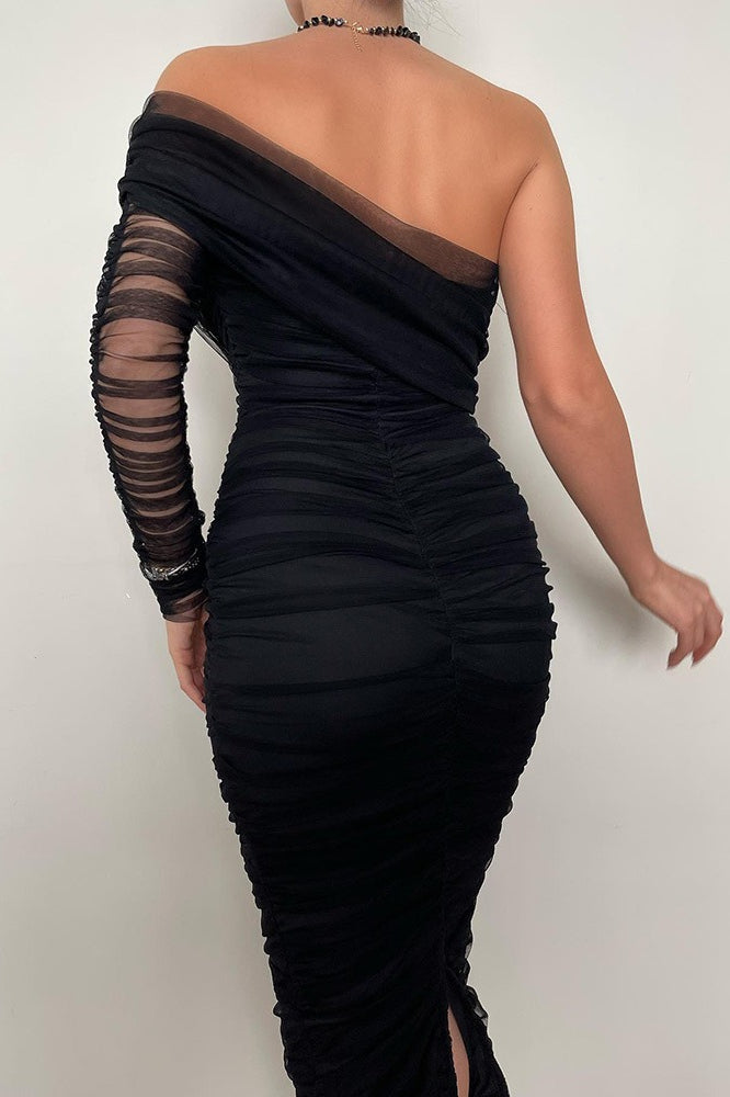 Mesh One Shoulder Long Sleeve Ruched Bodycon Mini Formal Dress