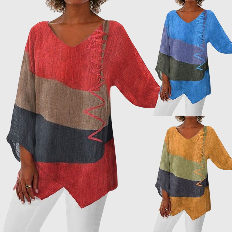 Colorblock V-Neck Long Sleeve Asymmetric Tunic Top