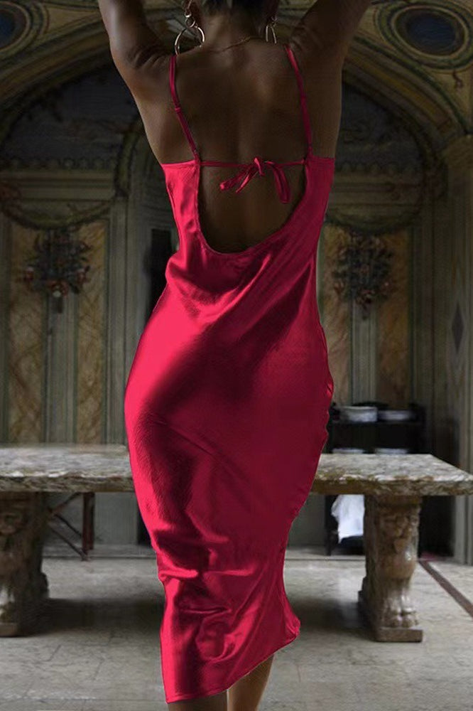 Satin Cowl Neck Spaghetti Strap Bias Cut Mermaid Hem Maxi Dress
