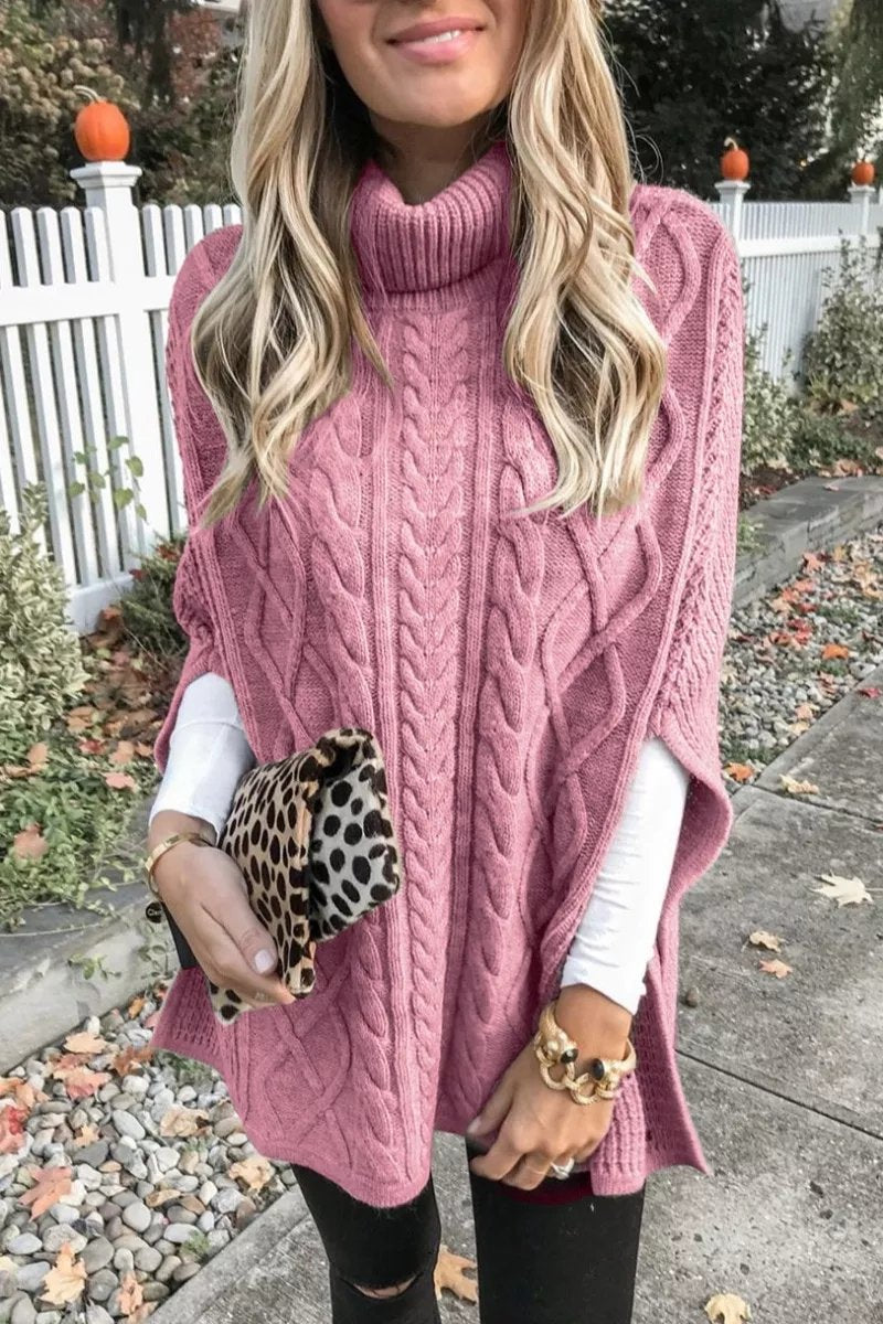 High Neck Cable Knit Poncho