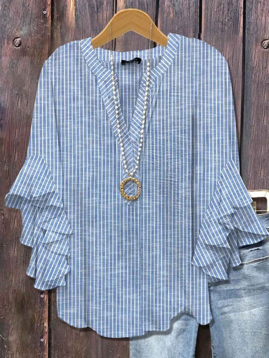 Blue Striped V-neck 3/4 Sleeve Blouse