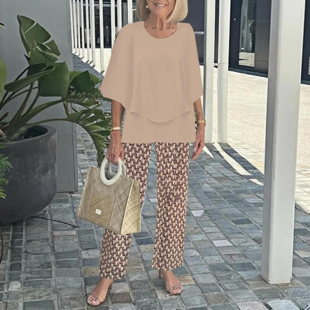 Layered Chiffon Top and Geometric Print Pants Two Piece Set