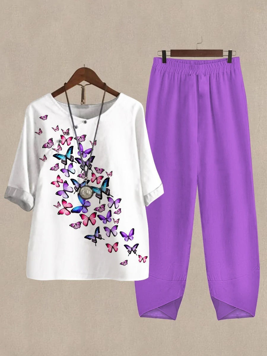 Butterfly Print Round Neck Half Sleeve Top and Wide Leg Pants Two Piece Set