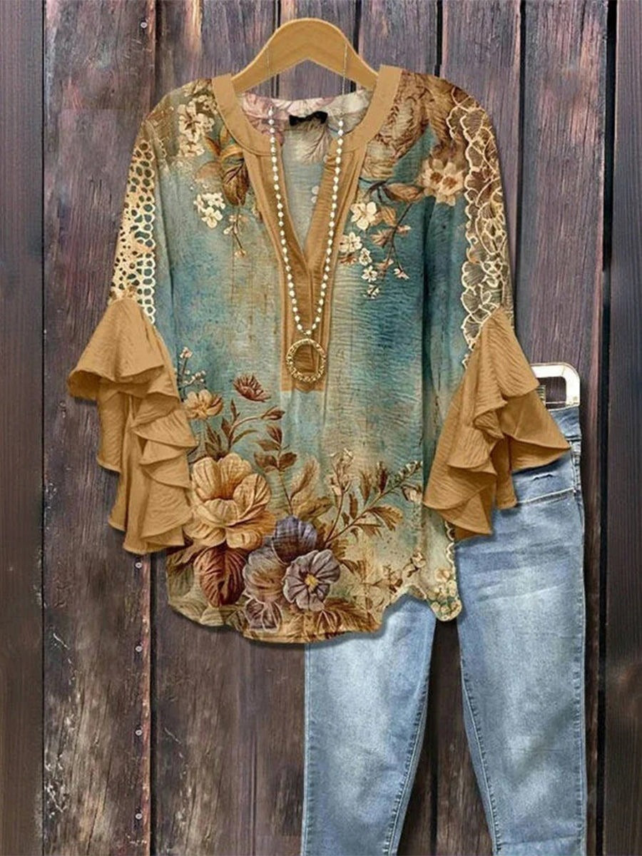 Vintage Floral Print V-neck Ruffle 3/4 Sleeve Loose Casual Blouse