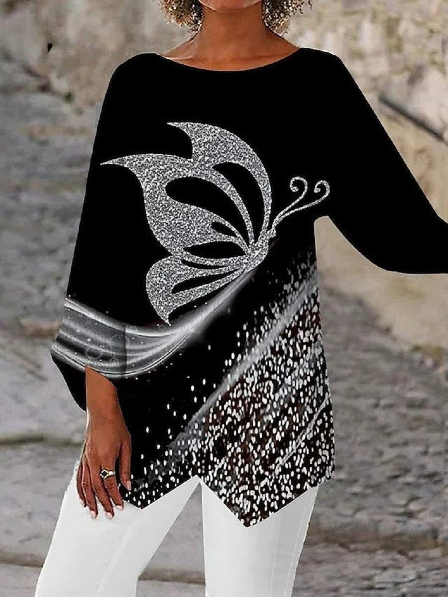 Butterfly Print Round Neck Long Sleeve Asymmetric Tunic Top