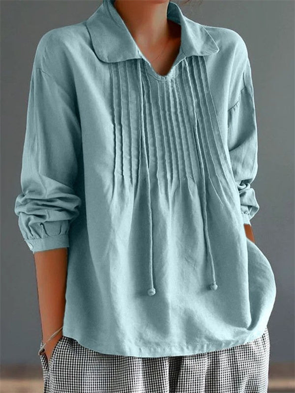 Collared Pintuck Front Long Sleeve Drawstring Blouse