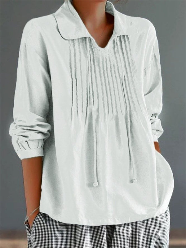 Collared Pintuck Front Long Sleeve Drawstring Blouse