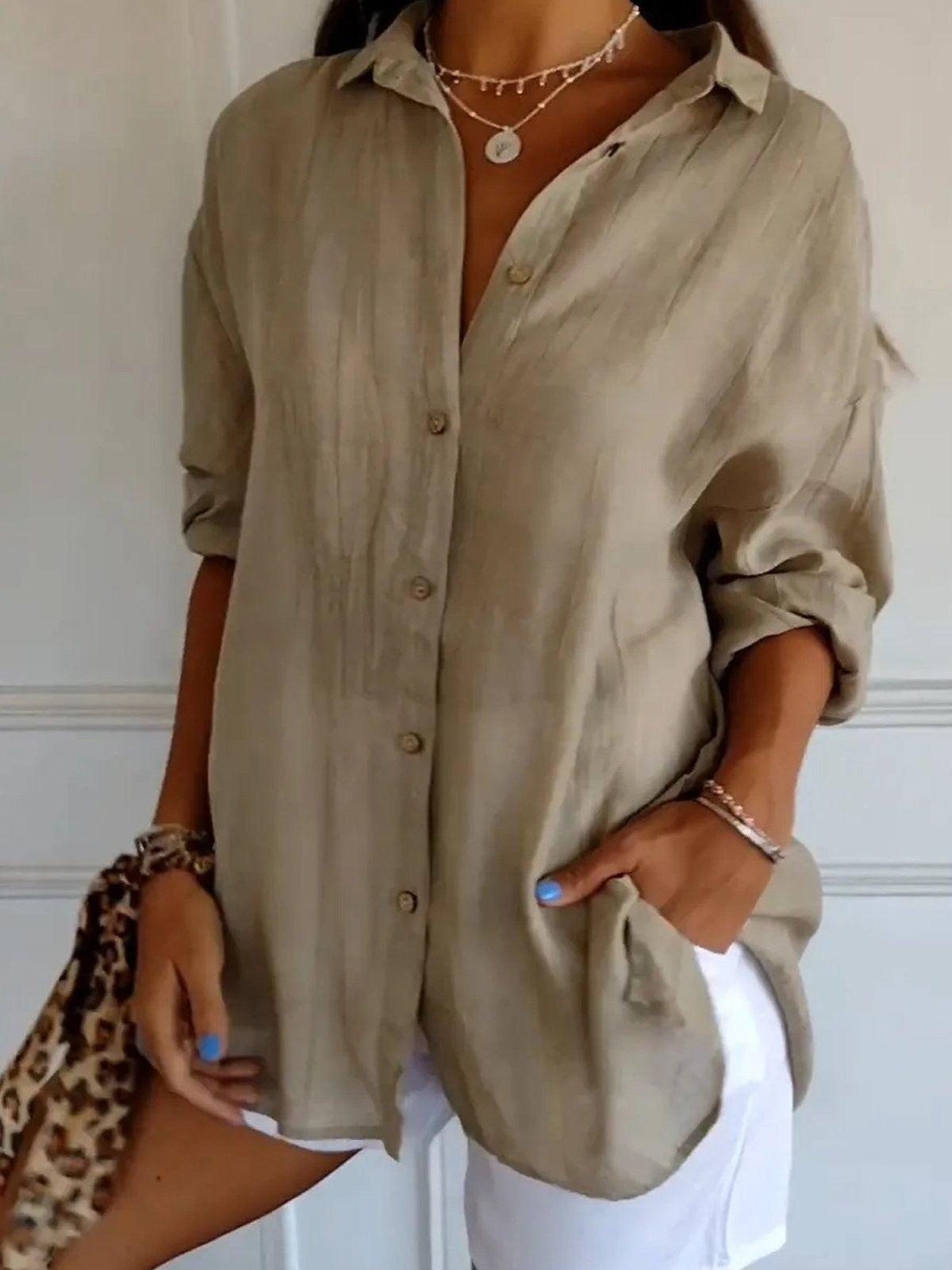 Solid Color Shirt Collar Loose Sleeves Casual T-shirt