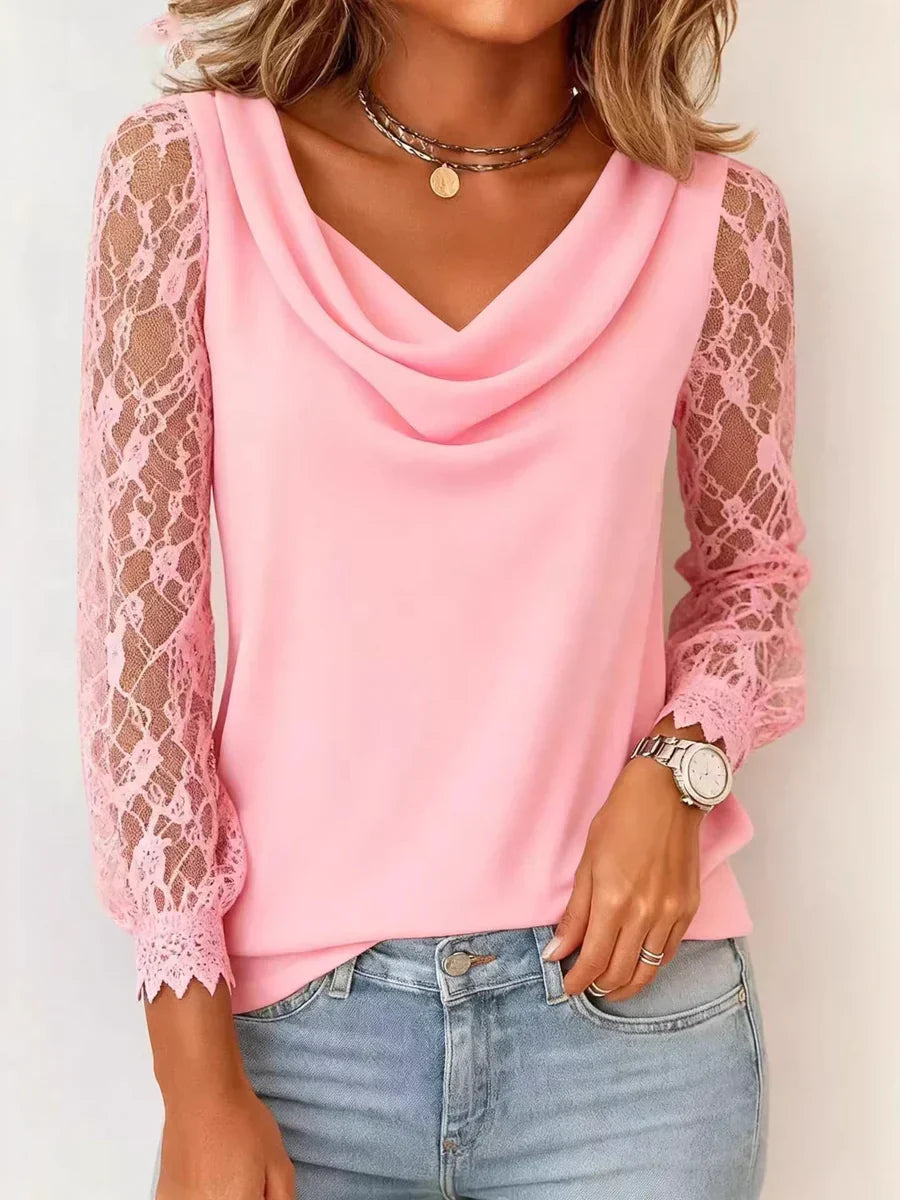 Cowl Neck Lace Long Sleeve Top