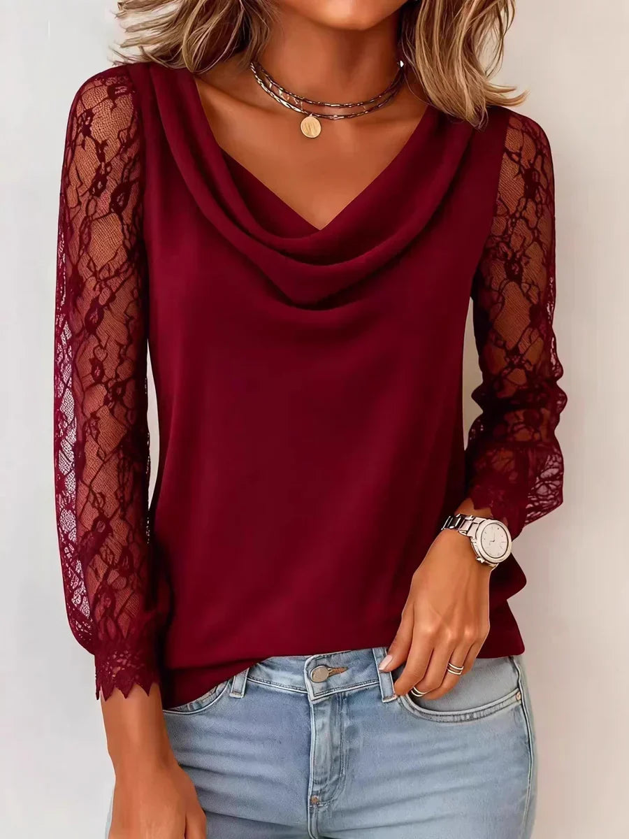 Cowl Neck Lace Long Sleeve Top