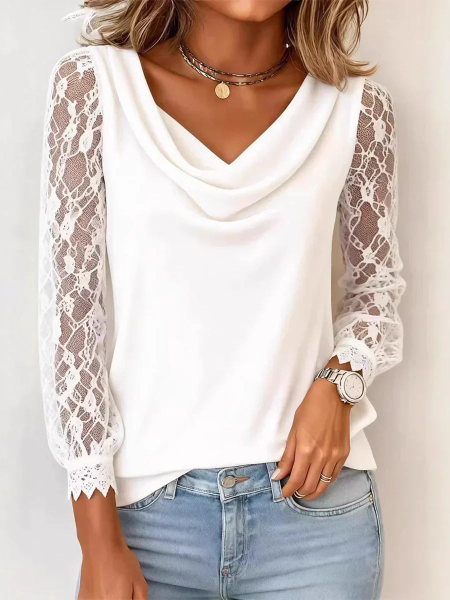 Cowl Neck Lace Long Sleeve Top