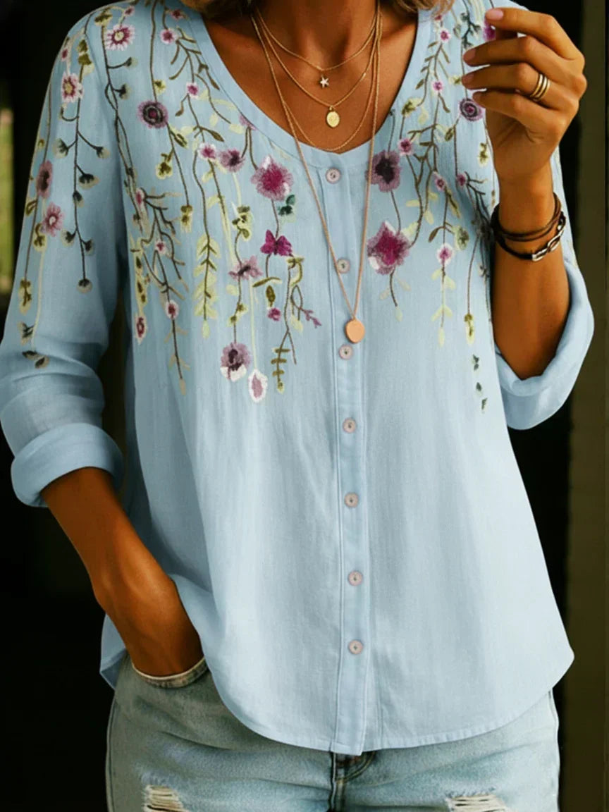 Vintage Florl V-Neck Cotton Linen Shirt Blouse
