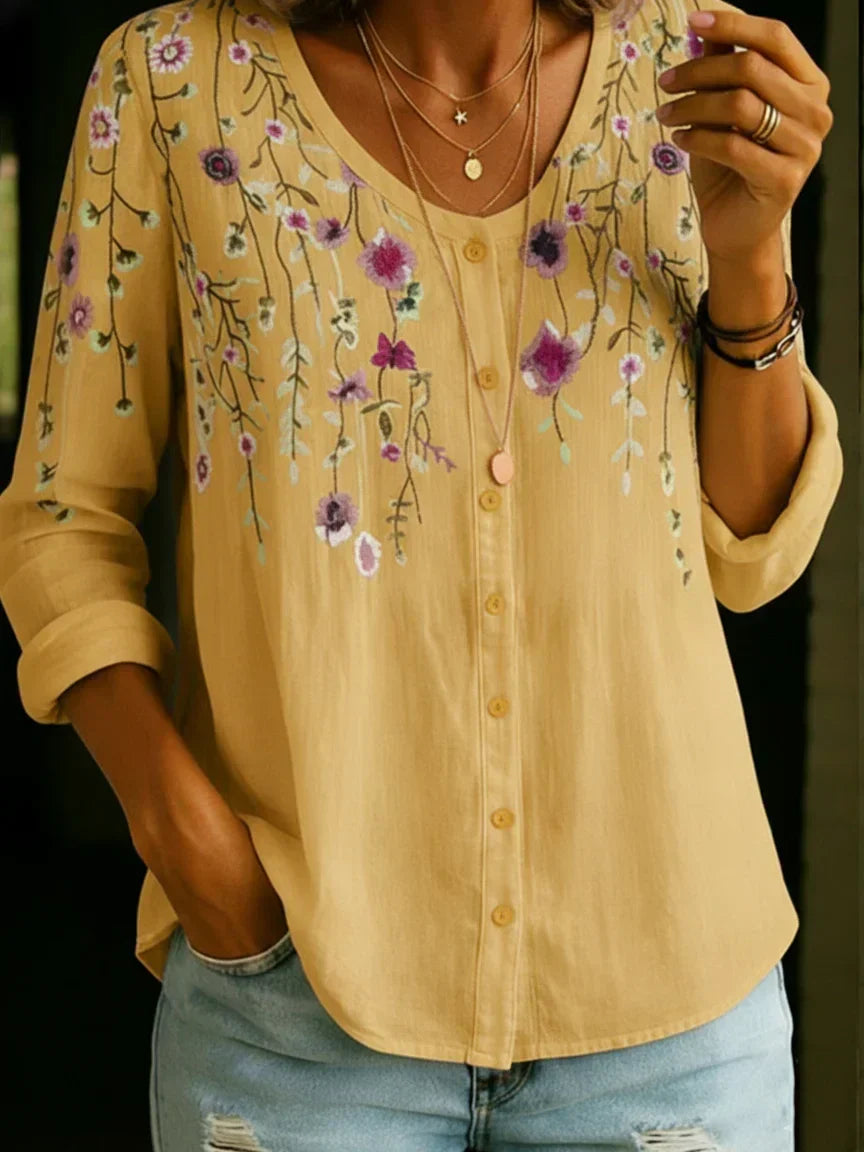Vintage Florl V-Neck Cotton Linen Shirt Blouse