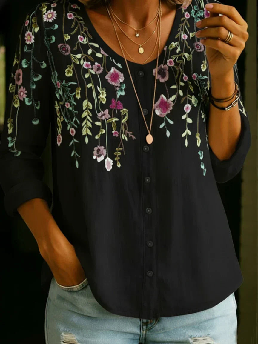 Vintage Florl V-Neck Cotton Linen Shirt Blouse