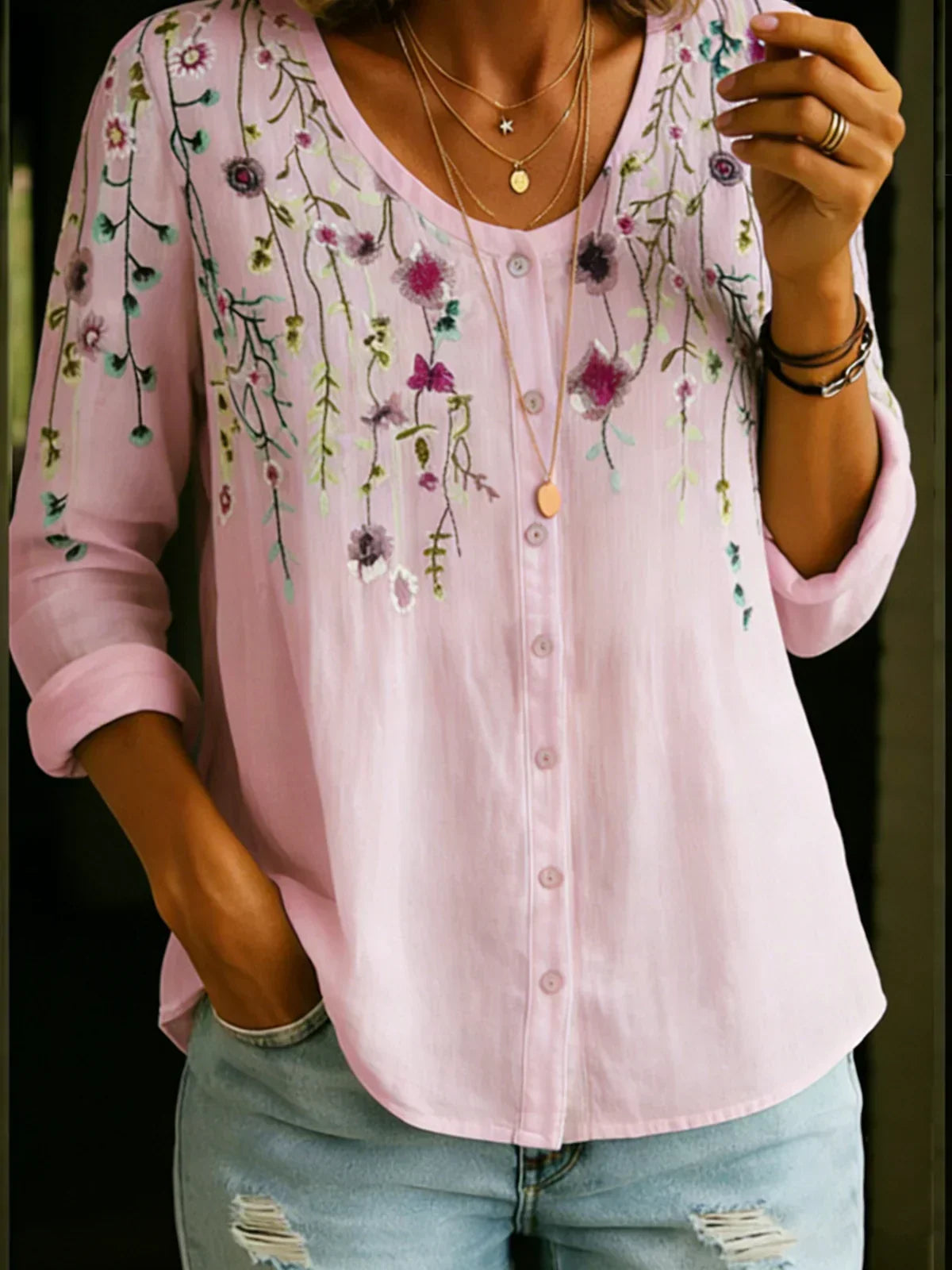 Vintage Florl V-Neck Cotton Linen Shirt Blouse