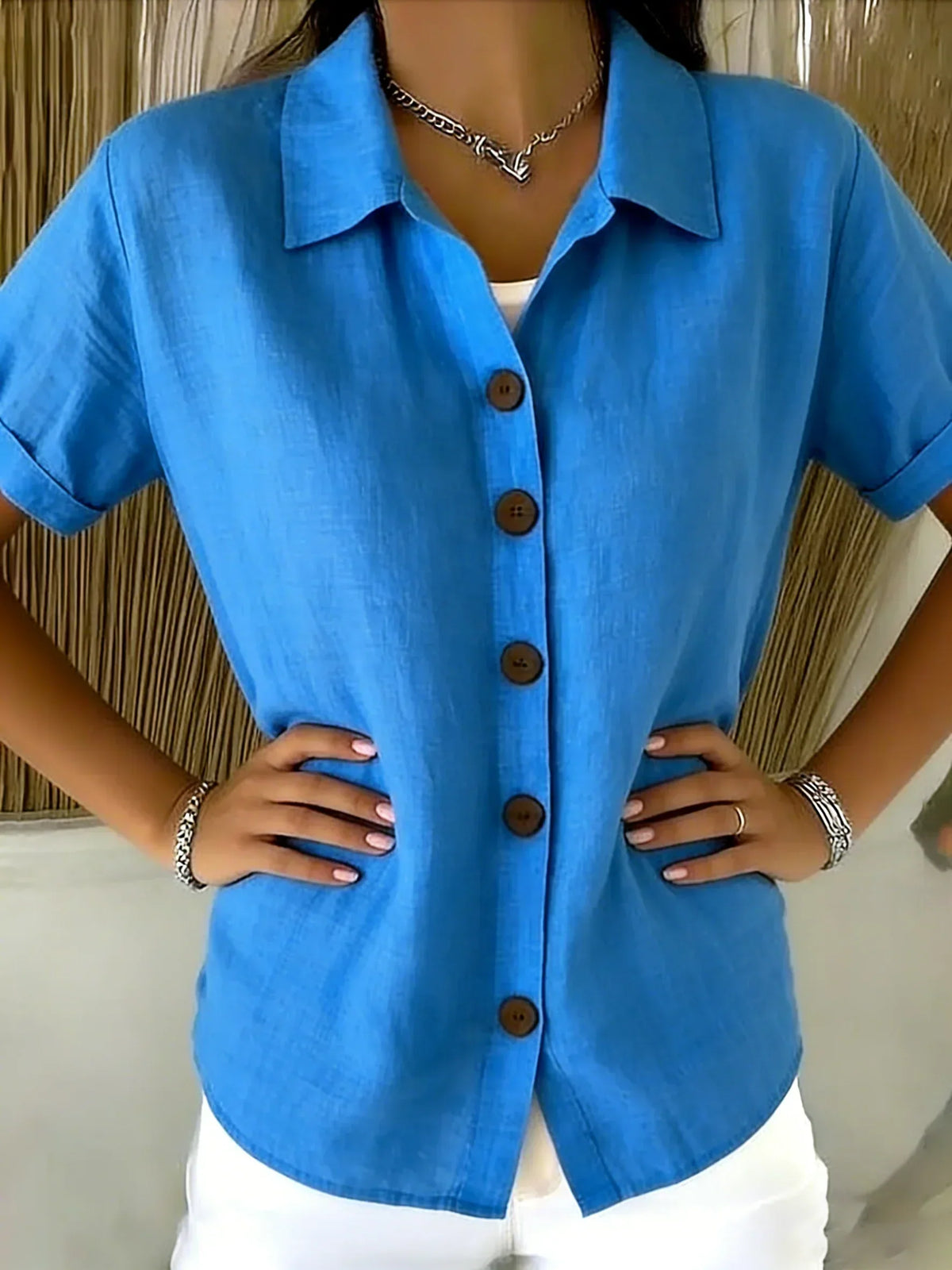 Basic Button-up Linen-cotton Short-sleeved Casual Shirt