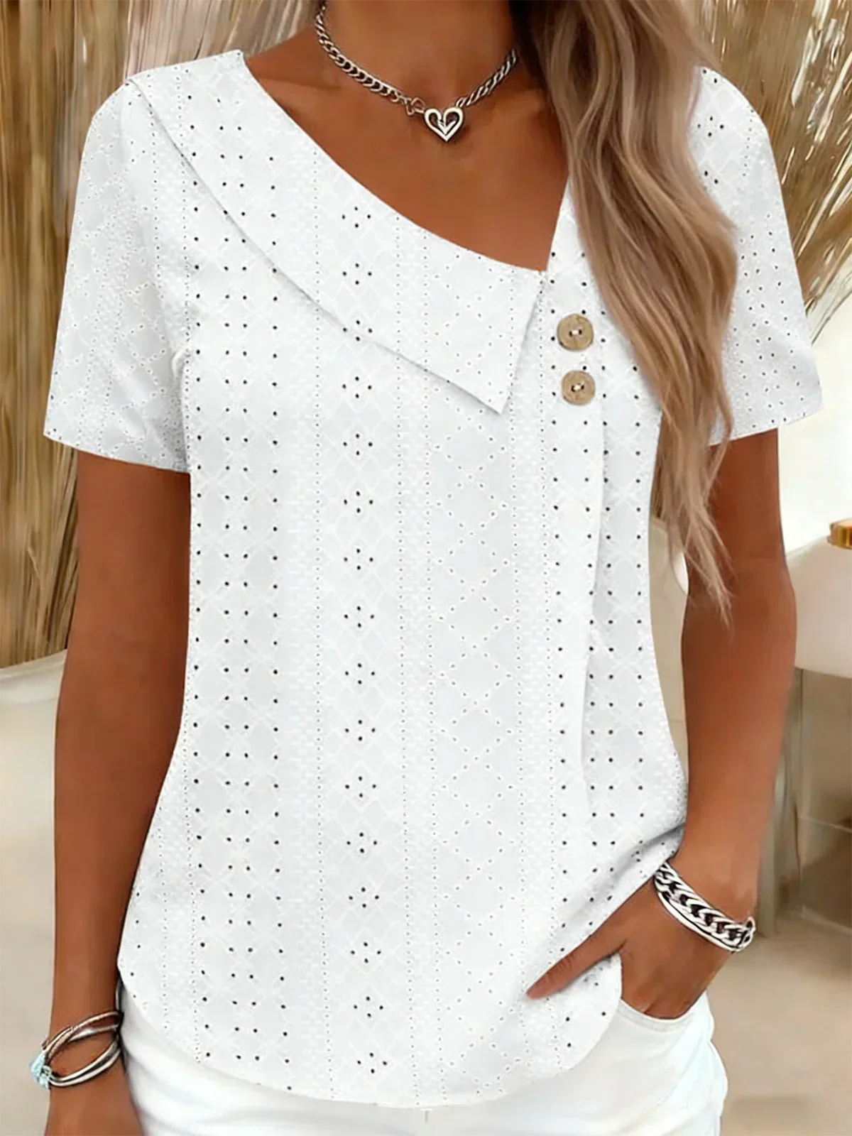 Eyelet Asymmetric V-Neck Button Short Sleeve Top