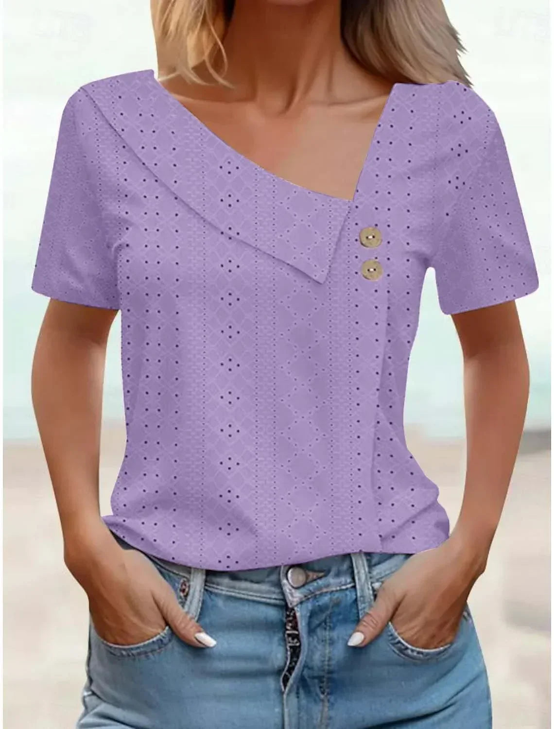 Eyelet Asymmetric V-Neck Button Short Sleeve Top
