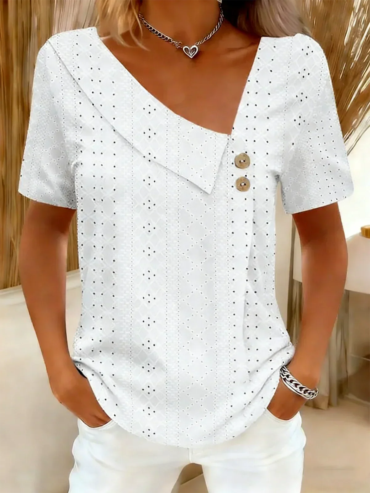 Eyelet Asymmetric V-Neck Button Short Sleeve Top