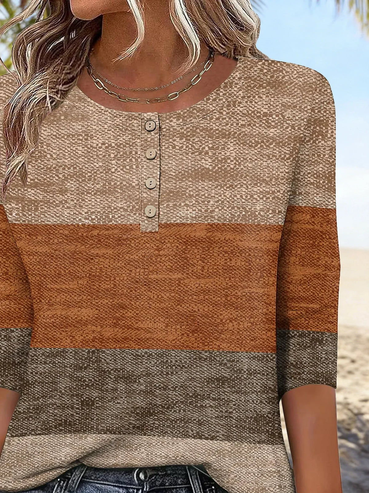 Elegant Striped Crew Neck Fit 3/4 Sleeve Summer Casual Blouse