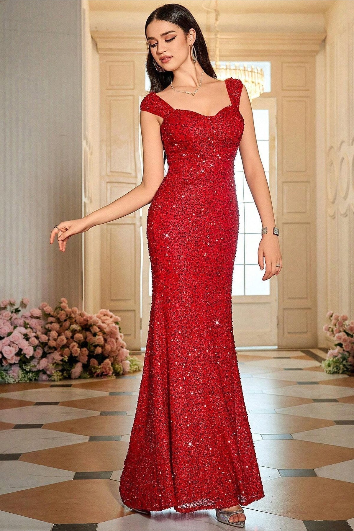 Sequin Sweetheart Cap Sleeve Mermaid Formal Gown