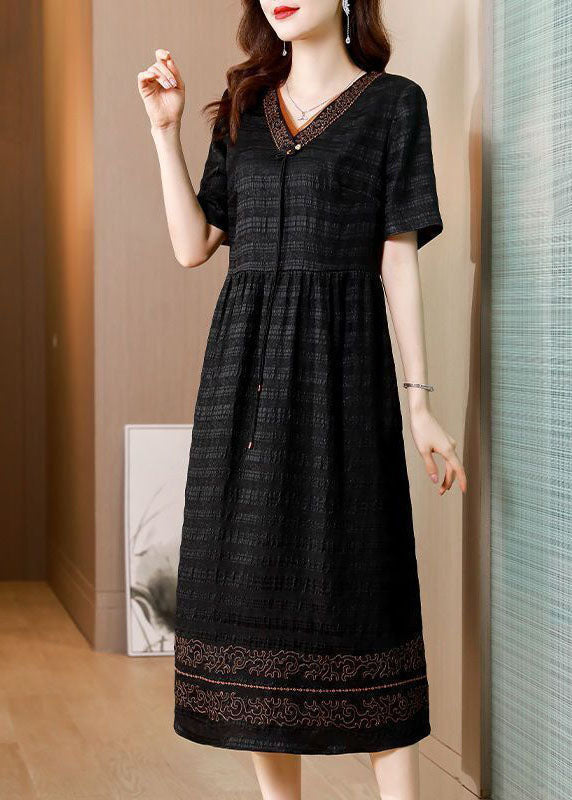 V-Neck Short Sleeve Embroidered Trim Textured Midi Dress