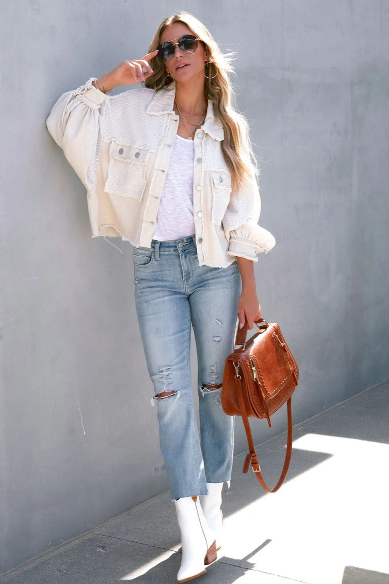 Waffle Knit Balloon Sleeve Frayed Trim Button Front Cropped Jacket 5