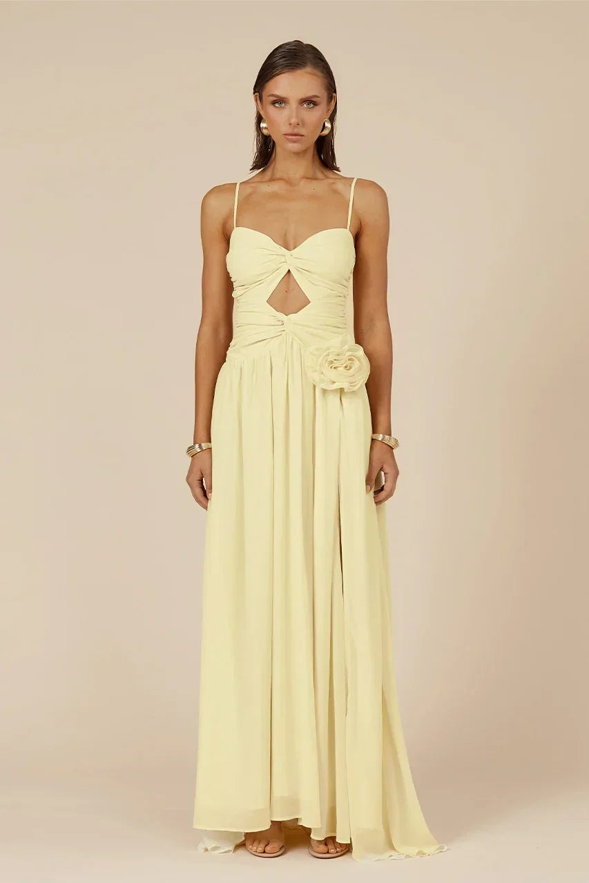 Chiffon Twist Front Cut Out Rosette High Split Maxi Dress 4